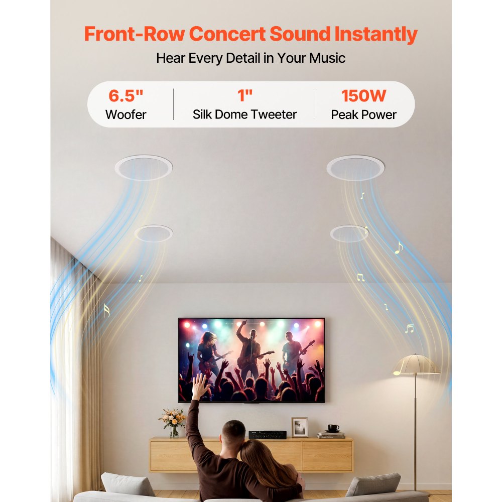 VEVOR Bluetooth Ceiling Speakers, 6.5", In Ceiling & In-Wall Speaker System with Amplifier, 2-Way, for Damp and Humid Placement, Home Theater, Covered Outdoor Patio and Flush Mount Wired, 4 Speakers