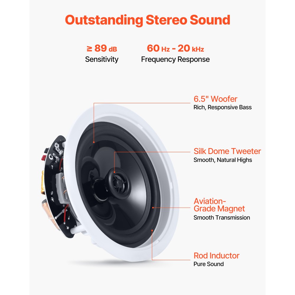 VEVOR Bluetooth Ceiling Speakers, 6.5", In Ceiling & In-Wall Speaker System with Amplifier, 2-Way, for Damp and Humid Placement, Home Theater, Covered Outdoor Patio and Flush Mount Wired, 4 Speakers