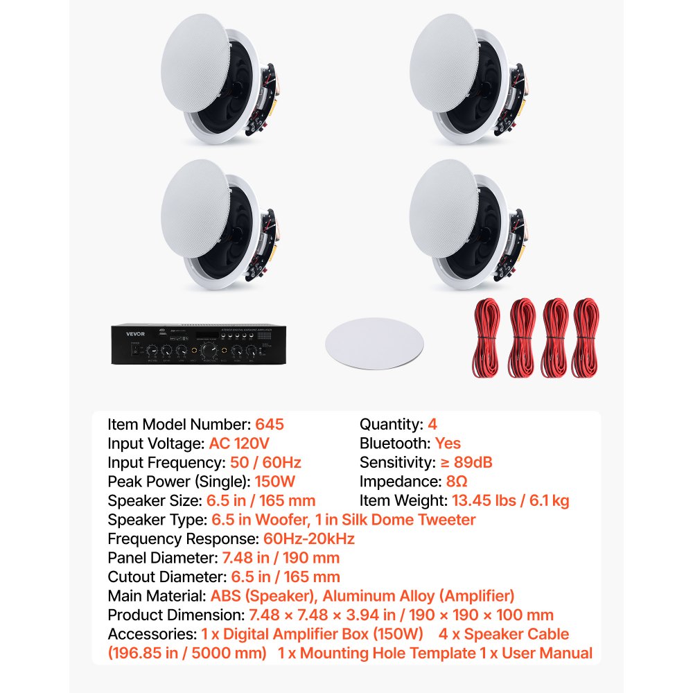 VEVOR Bluetooth Ceiling Speakers, 6.5", In Ceiling & In-Wall Speaker System with Amplifier, 2-Way, for Damp and Humid Placement, Home Theater, Covered Outdoor Patio and Flush Mount Wired, 4 Speakers