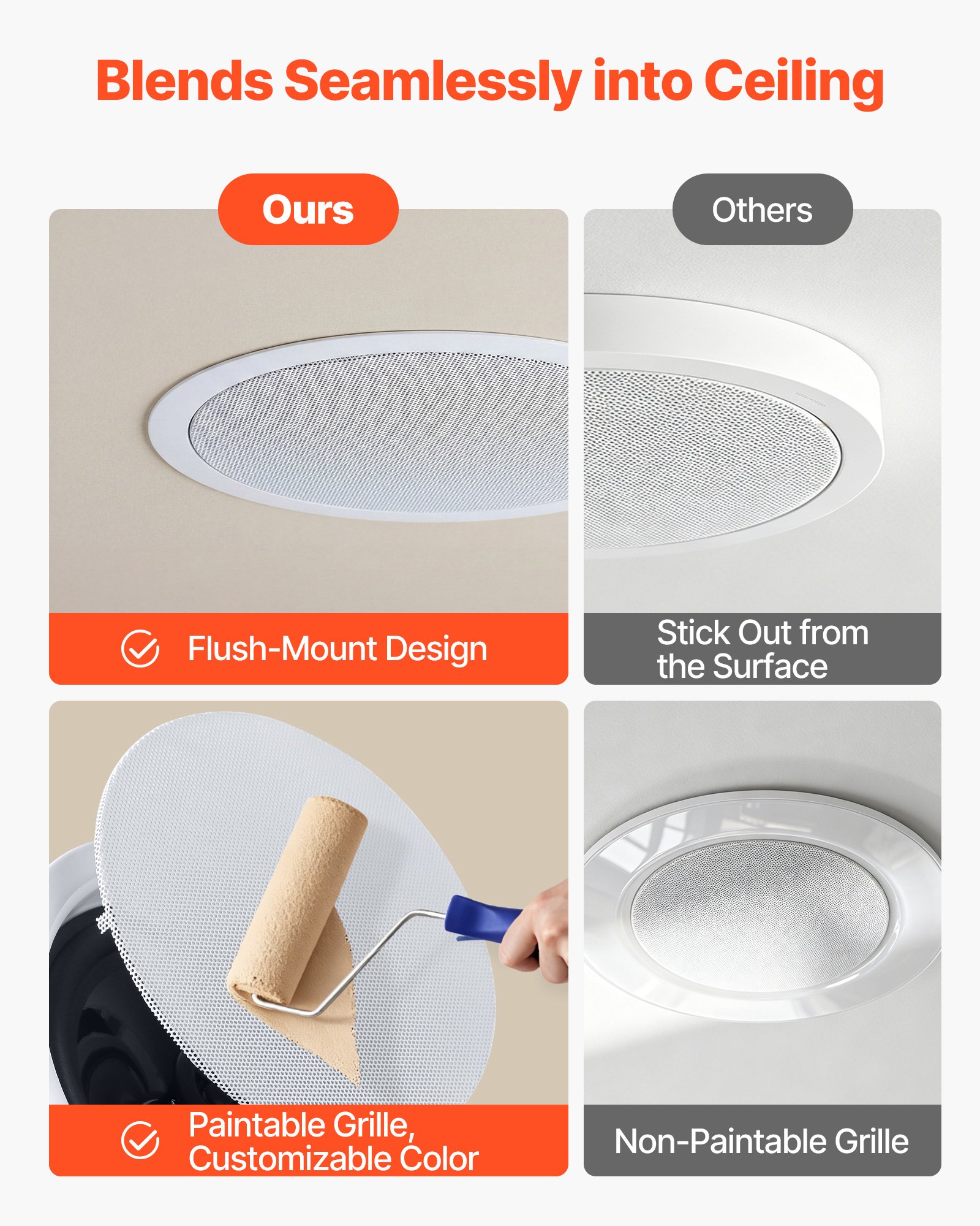 VEVOR Bluetooth Ceiling Speakers, 6.5", In Ceiling & In-Wall Speaker System with Amplifier, 2-Way, for Damp and Humid Placement, Home Theater, Covered Outdoor Patio and Flush Mount Wired, 4 Speakers