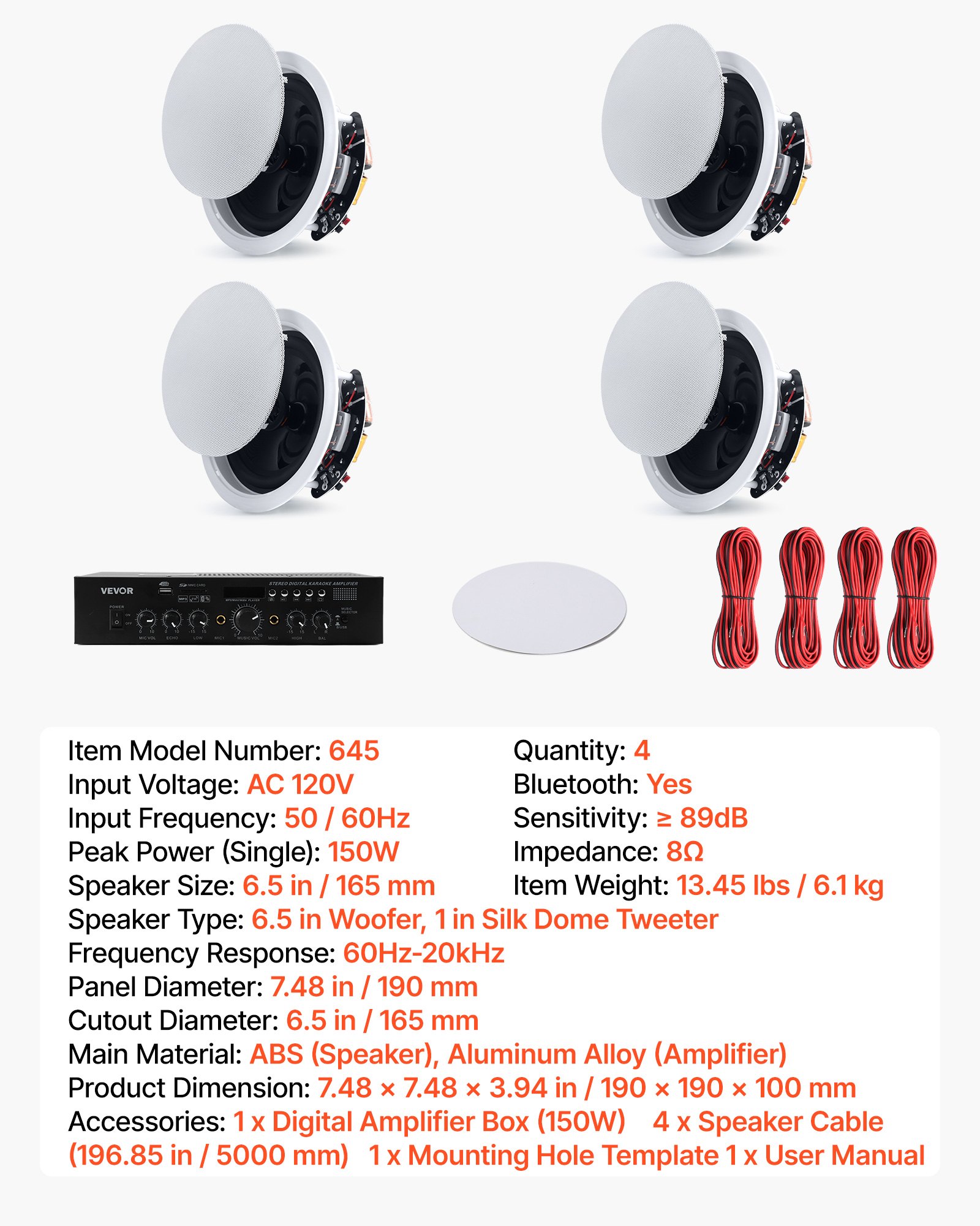 VEVOR Bluetooth Ceiling Speakers, 6.5", In Ceiling & In-Wall Speaker System with Amplifier, 2-Way, for Damp and Humid Placement, Home Theater, Covered Outdoor Patio and Flush Mount Wired, 4 Speakers