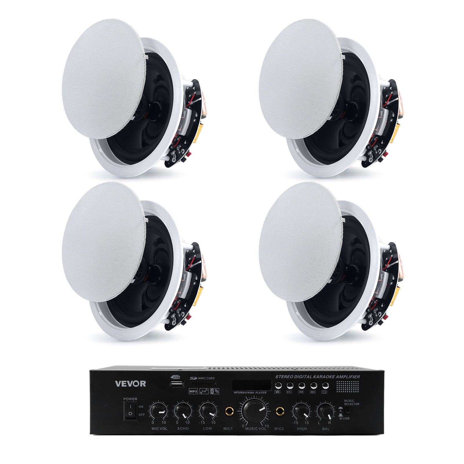 VEVOR Bluetooth Ceiling Speakers, 6.5", In Ceiling & In-Wall Speaker System with Amplifier, 2-Way, for Damp and Humid Placement, Home Theater, Covered Outdoor Patio and Flush Mount Wired, 4 Speakers
