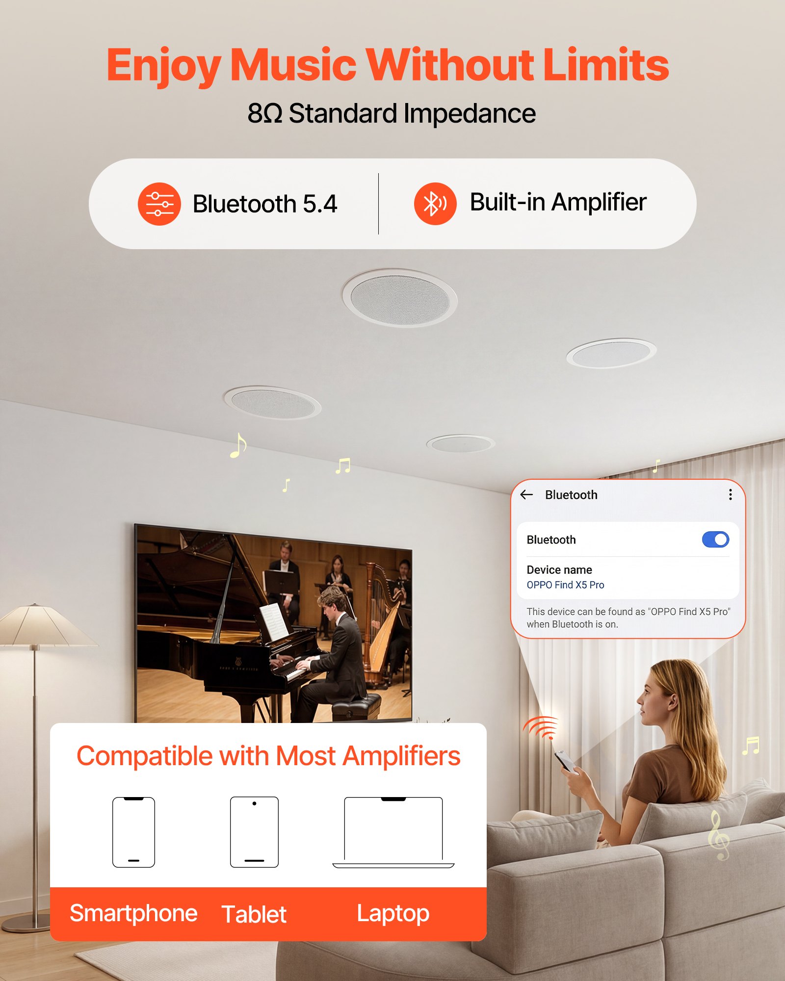 VEVOR Bluetooth Ceiling Speakers, 165.1 mm, In Ceiling & In-Wall Speaker System with Amplifier, 2-Way, for Damp Humid Placement, Home Theater, Covered Outdoor Patio and Flush Mount Wired, 4 Speakers