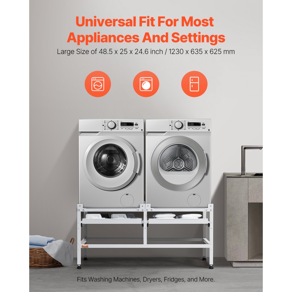 VEVOR Washing Machine Stand, 1230x635 mm Washer Laundry Pedestal, 267 kg Load Capacity Washer And Dryer Pedestal Base with Double Trays, 4 Adjustable Feet for Lifting Washing Machines, Carbon Steel