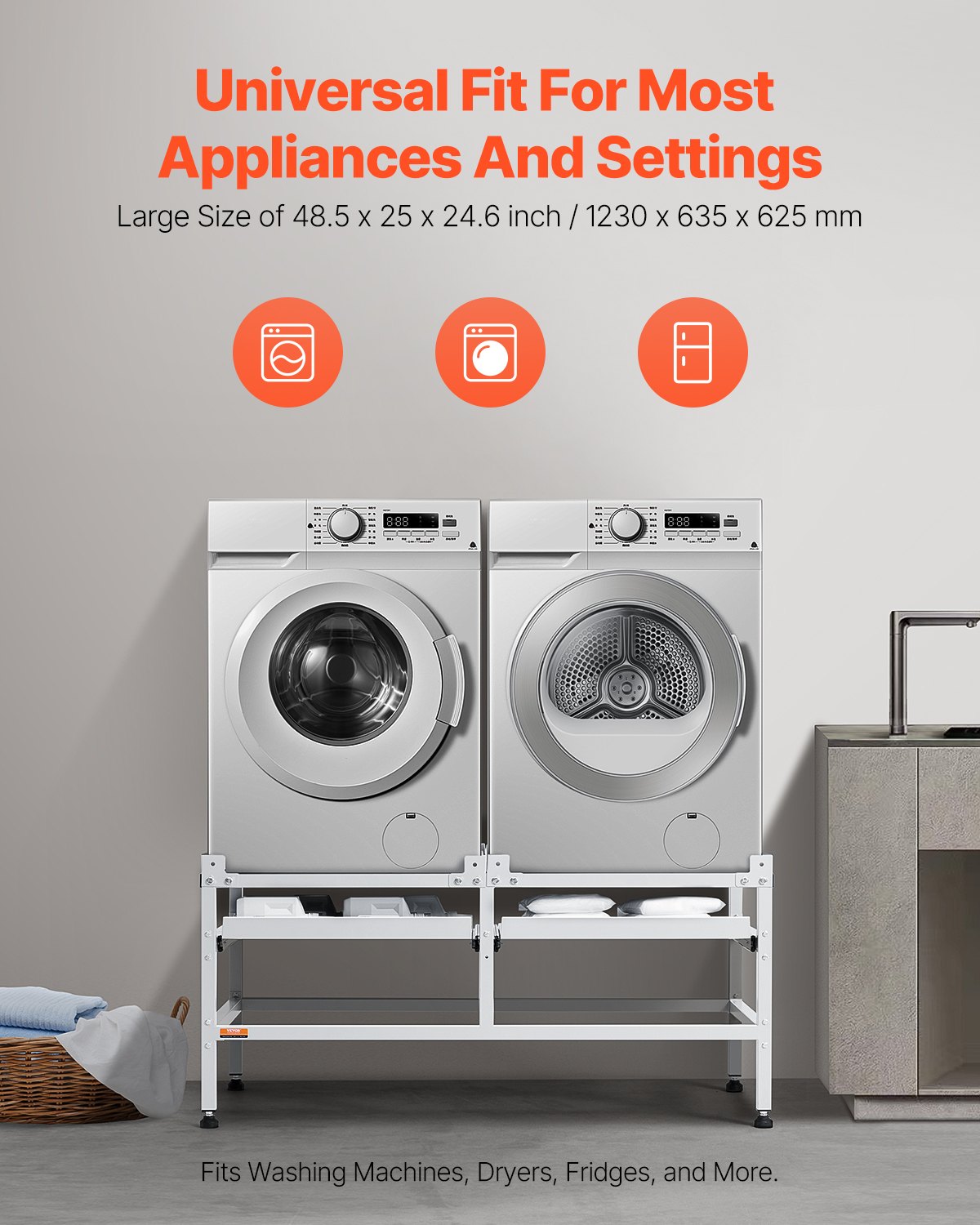 VEVOR Washing Machine Stand, 1230x635 mm Washer Laundry Pedestal, 267 kg Load Capacity Washer And Dryer Pedestal Base with Double Trays, 4 Adjustable Feet for Lifting Washing Machines, Carbon Steel