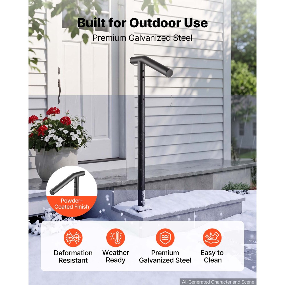 VEVOR Handrails for Outdoor Steps, 1-2 Step Stair Hand Rail Kit Single Post, Black Round Tube Stair Rails for Seniors, Concrete Steps & Porch & Deck, Heavy-Duty Galvanized Steel Railings w/ Drill Bit