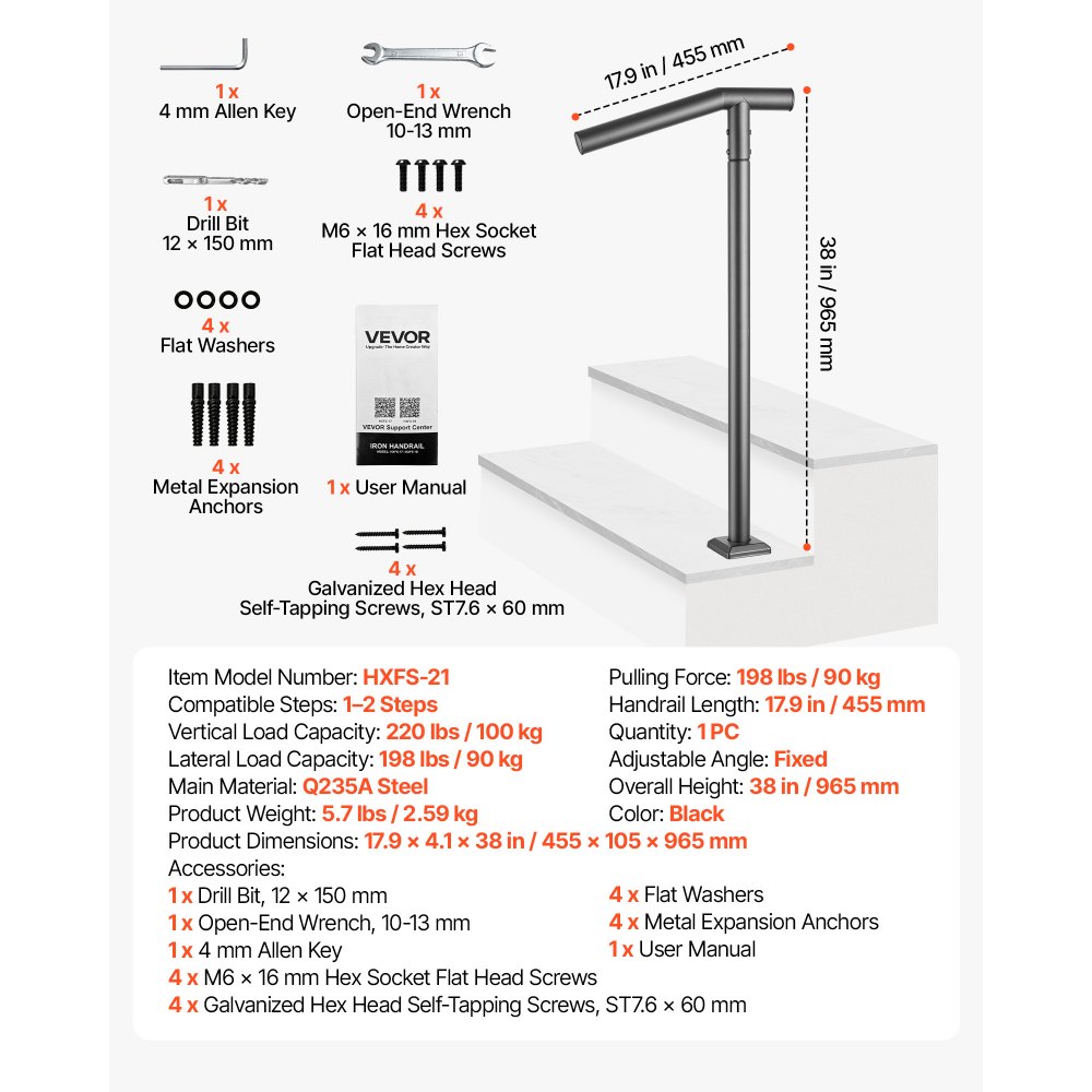 VEVOR Handrails for Outdoor Steps, 1-2 Step Stair Hand Rail Kit Single Post, Black Round Tube Stair Rails for Seniors, Concrete Steps & Porch & Deck, Heavy-Duty Galvanized Steel Railings w/ Drill Bit