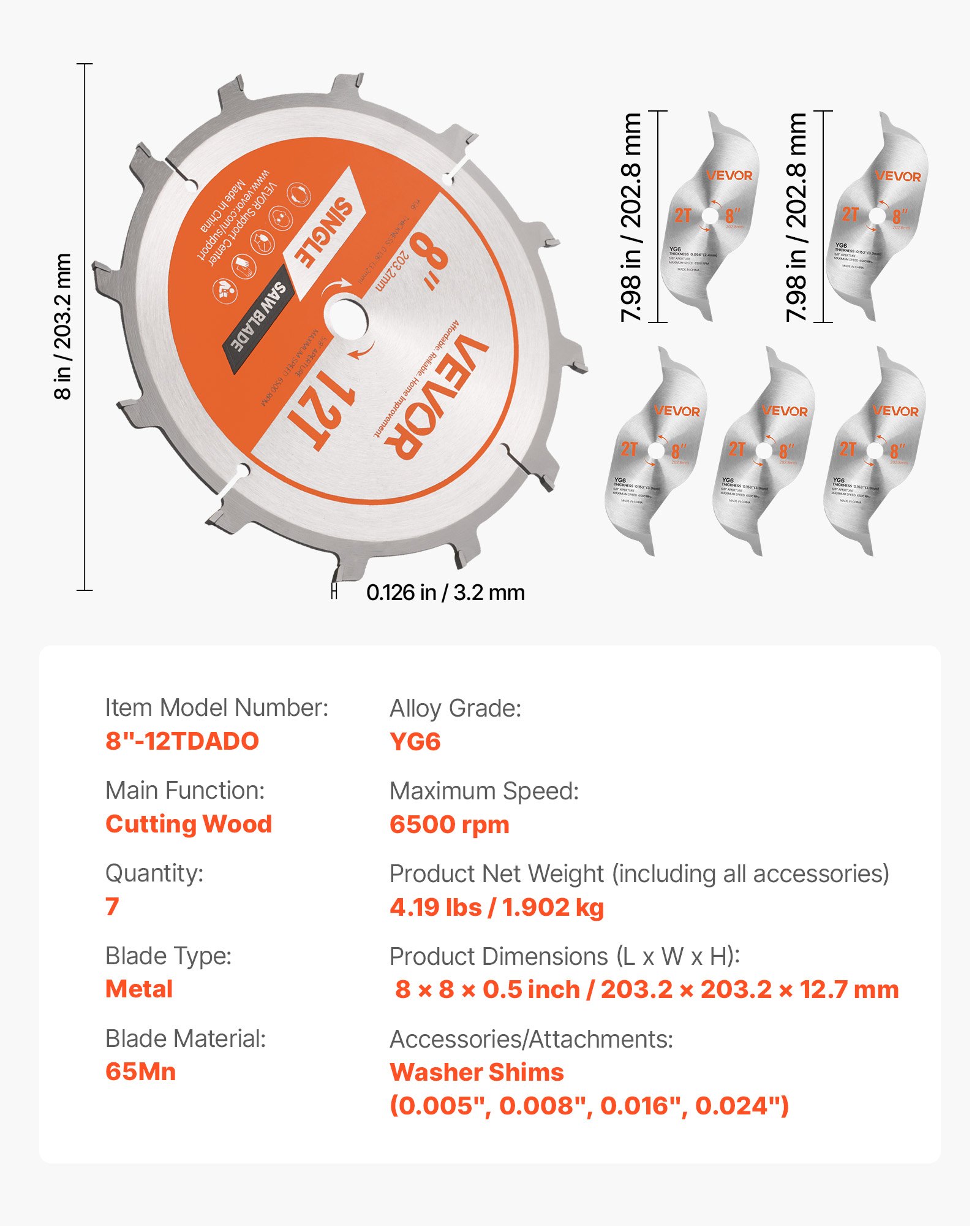 VEVOR Dado Blade Set, 203 mm Diameter, 12 Sharp Alloy Teeth, 15.875 mm Arbor, Fine Finish, Stacking Dado Blades with Chippers and Shims, Noise-Reducing Heat Vents, for Cutting Plywood, OSB, Hardwood