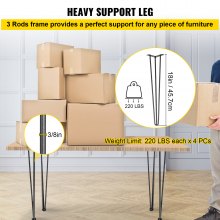 VEVOR Hairpin Table Legs 18" Black Set of 4 Desk Legs 880lbs Load Capacity (Each 220lbs) Hairpin Desk Legs 3 Rods for Bench Desk Dining End Table Chairs Carbon Steel DIY Heavy Duty Furniture Legs