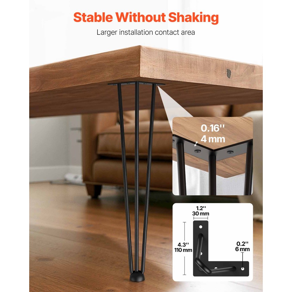 VEVOR Hairpin Table Legs 50.8 cm Black Set of 4 Desk Legs Each 99.8 kg Capacity Hairpin Desk Legs 3 Rods for Bench Desk Dining End Table Chairs Carbon Steel DIY Table Legs Heavy Duty Furniture Legs
