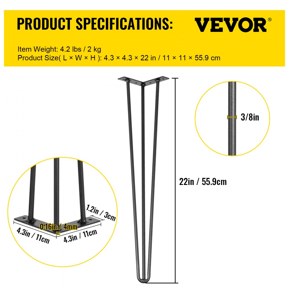 VEVOR hairpin table legs, 22in height, 3/8in diameter, product specifications shown.