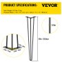 VEVOR hairpin table legs, 22in height, 3/8in diameter, product specifications shown.