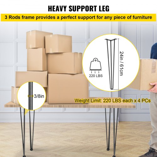 VEVOR Hairpin Table Legs 24" Black Set of 4 Desk Legs 880lbs Load Capacity (Each 220lbs) Hairpin Desk Legs 3 Rods for Bench Desk Dining End Table Chairs Carbon Steel DIY Heavy Duty Furniture Legs