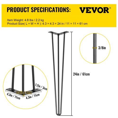 VEVOR Hairpin Table Legs 24" Black Set of 4 Desk Legs 880lbs Load Capacity (Each 220lbs) Hairpin Desk Legs 3 Rods for Bench Desk Dining End Table Chairs Carbon Steel DIY Heavy Duty Furniture Legs