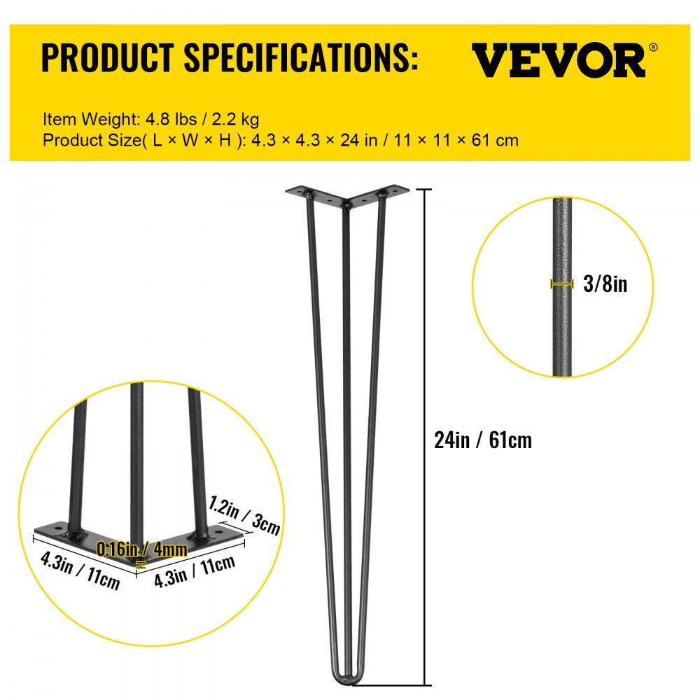 VEVOR hairpin table legs, 24in height, 4.3in x 4.3in base, 0.16in thickness.