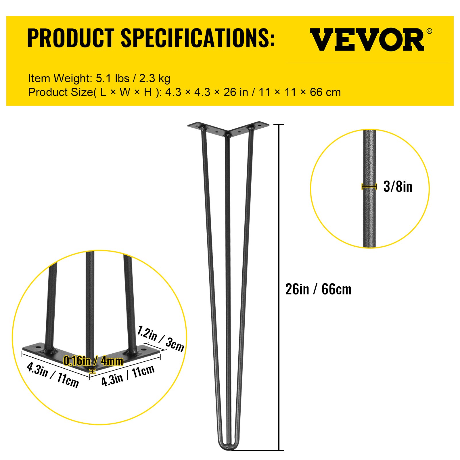 VEVOR hairpin table legs specifications: 26in height, 3/8in thickness, 4.3in baseplate.