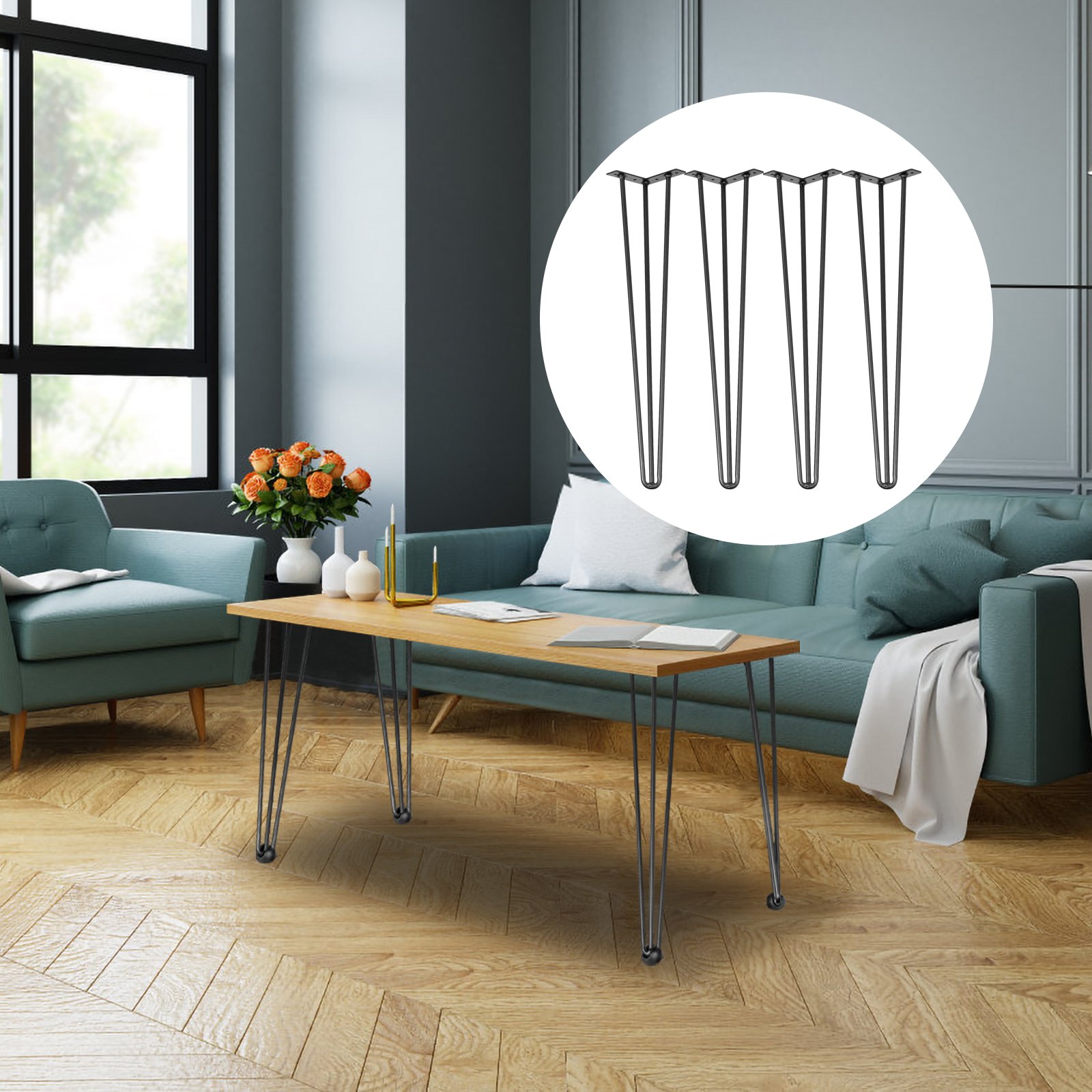 modern living room showcasing a wooden table with VEVOR hairpin table legs.