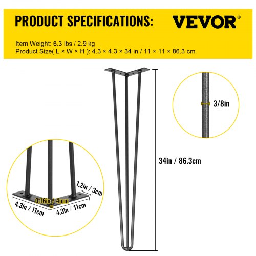 VEVOR Hairpin Table Legs 34" Black Set of 4 Desk Legs 880lbs Load Capacity (Each 220lbs) Hairpin Desk Legs 3 Rods for Bench Desk Dining End Table Chairs Carbon Steel DIY Heavy Duty Furniture Legs