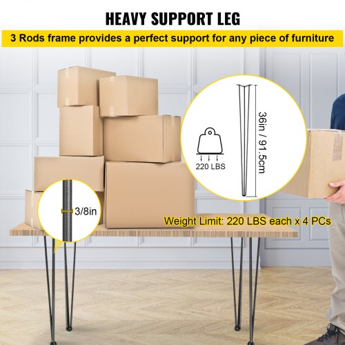VEVOR Hairpin Table Legs 36" Black Set of 4 Desk Legs 880lbs Load Capacity (Each 220lbs) Hairpin Desk Legs 3 Rods for Bench Desk Dining End Table Chairs Carbon Steel DIY Heavy Duty Furniture Legs