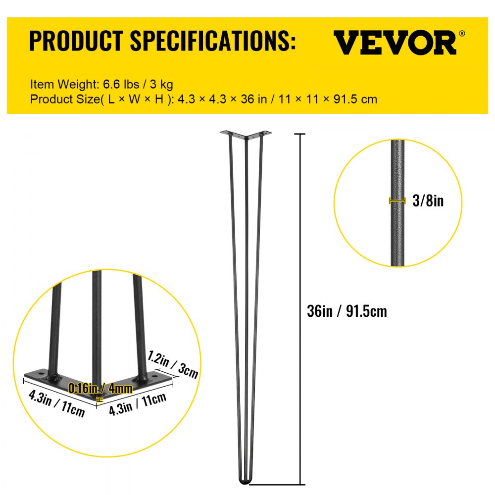 VEVOR Hairpin Table Legs 36 in Black Set of 4 Desk Legs 220 lbs Load Capacity Each Leg Hairpin Desk Legs 3 Rods for Bench Desk Dining End Table Chairs Carbon Steel DIY Heavy Duty Furniture Legs