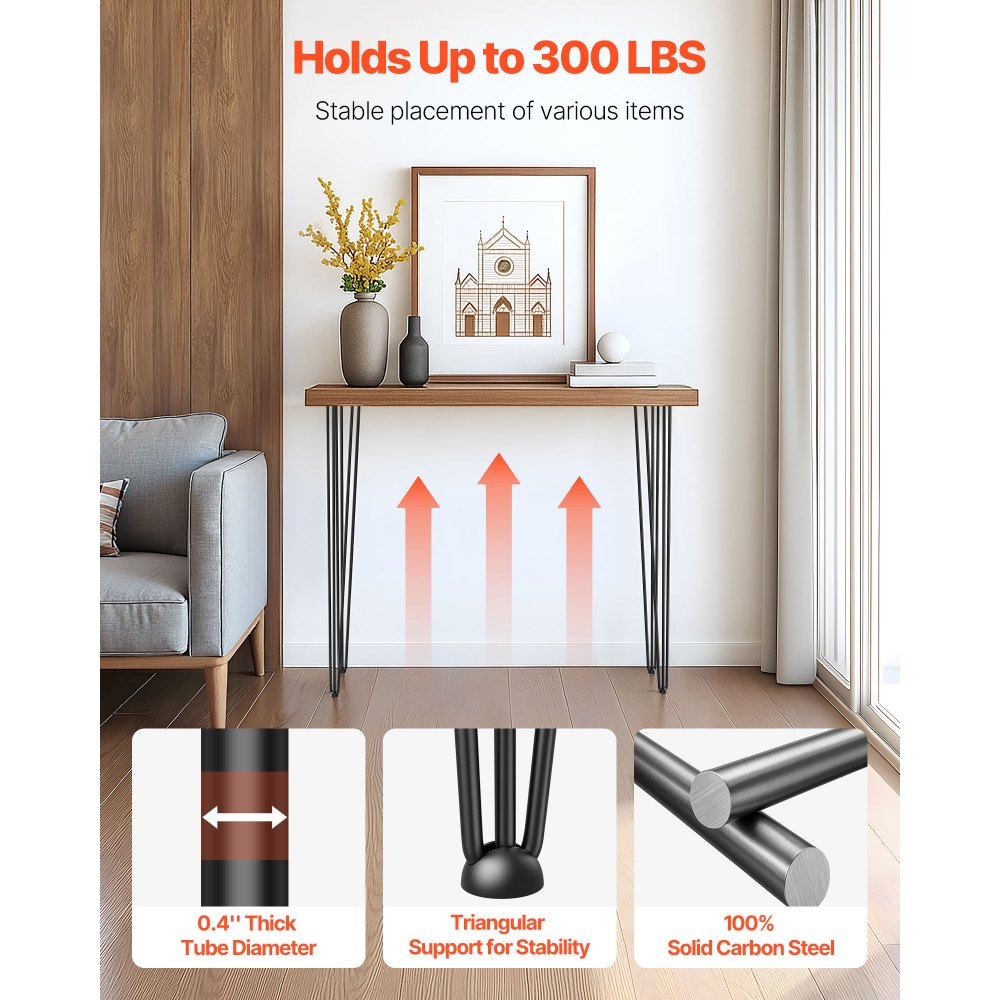 VEVOR Hairpin Table Legs 91.4 cm Black Set of 4 Desk Legs 399.2 kg Load Capacity (Each 99.8 kg) Hairpin Desk Legs 3 Rods for Bench Desk Dining End Table Chairs Carbon Steel DIY Heavy Duty Furniture Legs