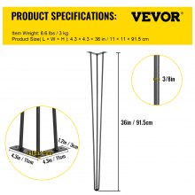 VEVOR Hairpin Table Legs 36 inch, Set of 4 DIY Desk Table Legs 3 Rods Heavy Duty