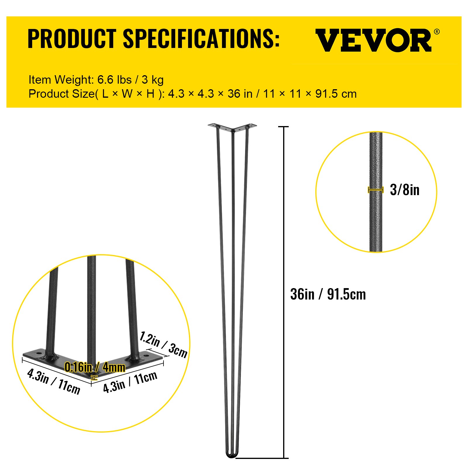 VEVOR Hairpin Table Legs 91.4 cm Black Set of 4 Desk Legs 399.2 kg Load Capacity (Each 99.8 kg) Hairpin Desk Legs 3 Rods for Bench Desk Dining End Table Chairs Carbon Steel DIY Heavy Duty Furniture Legs