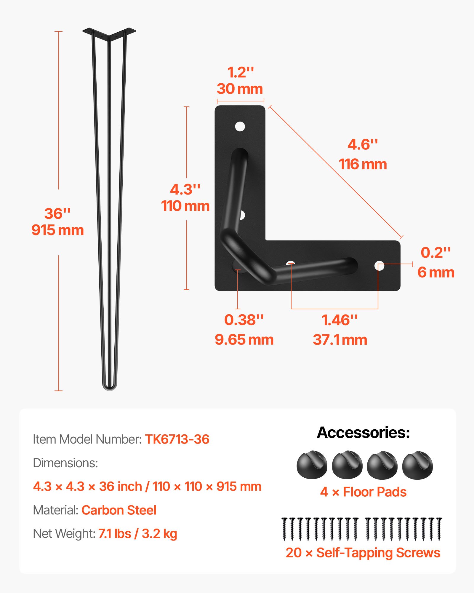 VEVOR Hairpin Table Legs 91.4 cm Black Set of 4 Desk Legs 399.2 kg Load Capacity (Each 99.8 kg) Hairpin Desk Legs 3 Rods for Bench Desk Dining End Table Chairs Carbon Steel DIY Heavy Duty Furniture Legs