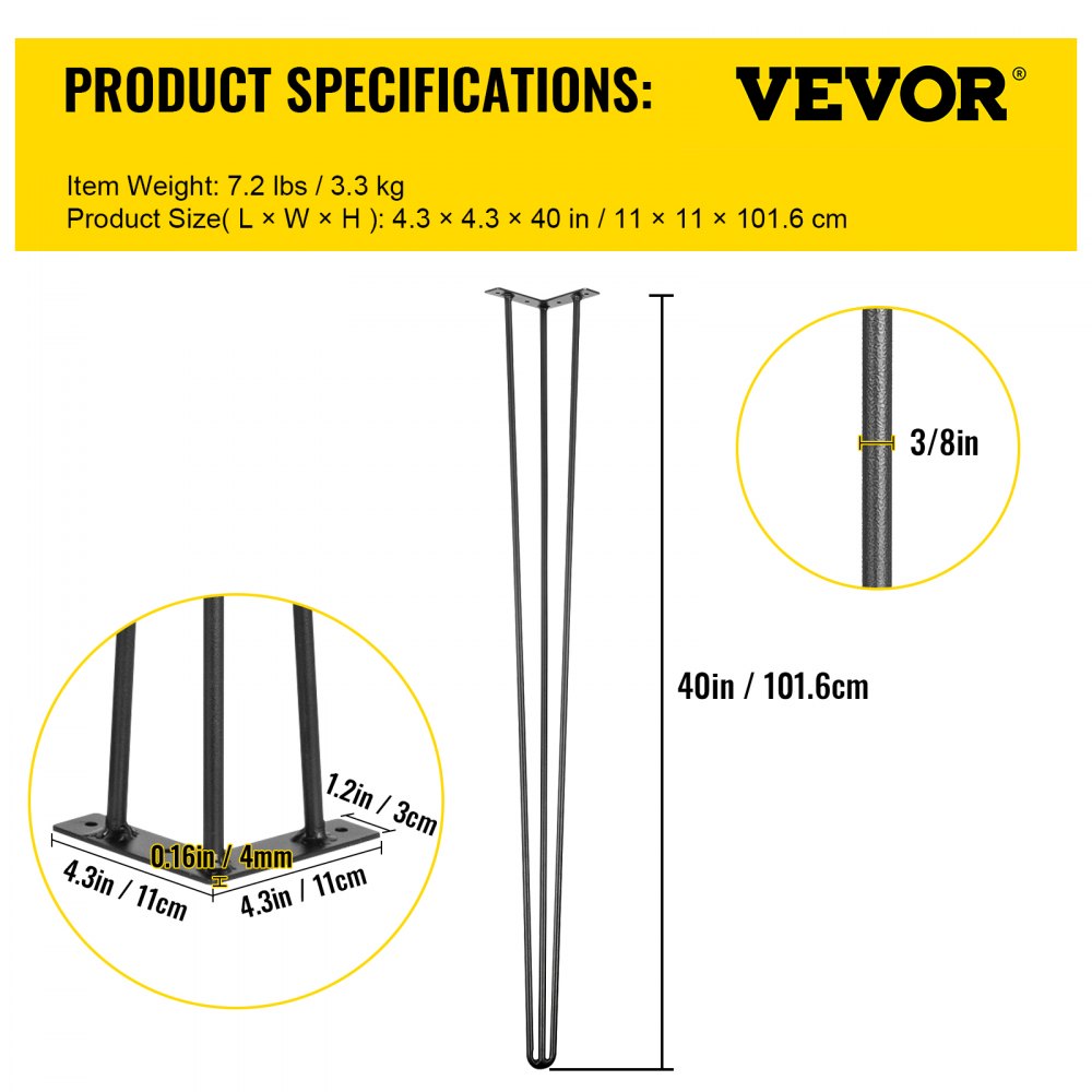 VEVOR Hairpin Table Legs 101.6 cm Black Set of 4 Desk Legs Each 99.8 kg Capacity Hairpin Desk Legs 3 Rods for Bench Desk Dining End Table Chairs Carbon Steel DIY Table Legs Heavy Duty Furniture Legs