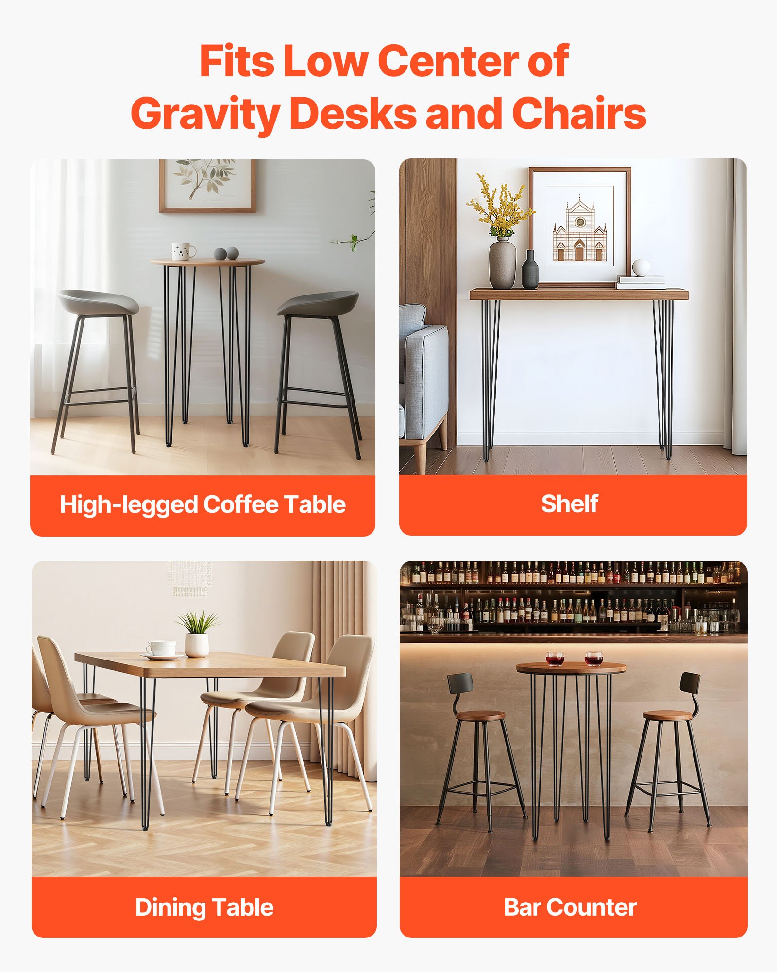 VEVOR Hairpin Table Legs 101.6 cm Black Set of 4 Desk Legs Each 99.8 kg Capacity Hairpin Desk Legs 3 Rods for Bench Desk Dining End Table Chairs Carbon Steel DIY Table Legs Heavy Duty Furniture Legs