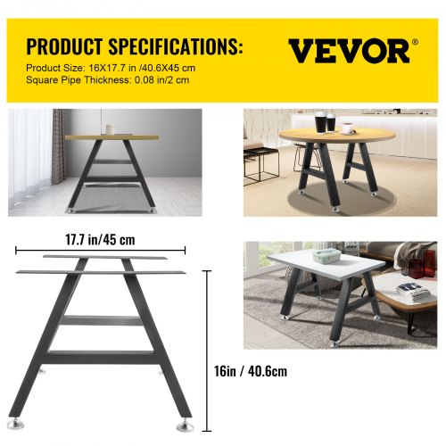 VEVOR Metal Table Legs 16 x 17.7 inch A-Shaped Desk Legs Set of 2 Heavy Duty Bench Legs w/Polyurethane Coating, Furniture Legs w/ Floor Protectors, Wrought Iron Coffee Table Legs for Home DIY Black