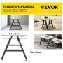 VEVOR metal table legs in various interior settings with dimensions and specifications.