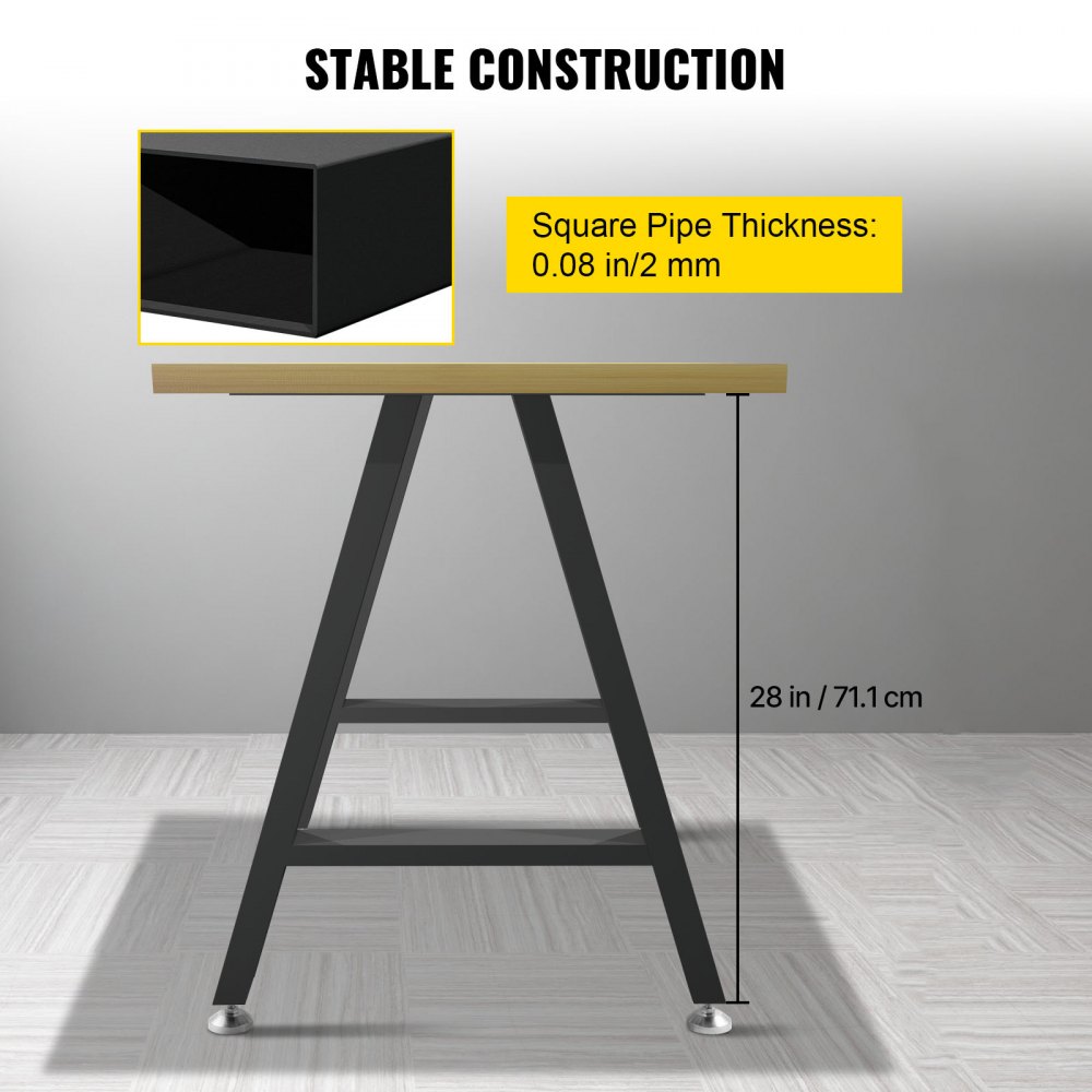 VEVOR Metal Table Legs 28 x 17.7 inch A-Shaped Desk Legs Set of 2 Heavy Duty Bench Legs with Polyurethane Coating, Furniture Legs with Floor Protectors, Wrought Iron Coffee Table Legs for Home DIY Bla
