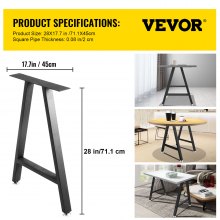 VEVOR Metal Table Legs 28 x 17.7 inch A-Shaped Desk Legs Set of 2 Heavy Duty Bench Legs w/Polyurethane Coating, Furniture Legs w/ Floor Protectors, Wrought Iron Coffee Table Legs for Home DIY Black