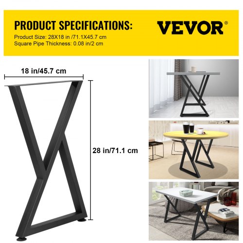 VEVOR Metal Table Legs, 28x18 inch Desk Legs, Set of 2, Heavy Duty Bench Legs, Z Shape Metal Furniture Legs, Wrought Iron Coffee Table Legs, Home DIY for Dining Table w/ Rubber Floor Protectors, Matte
