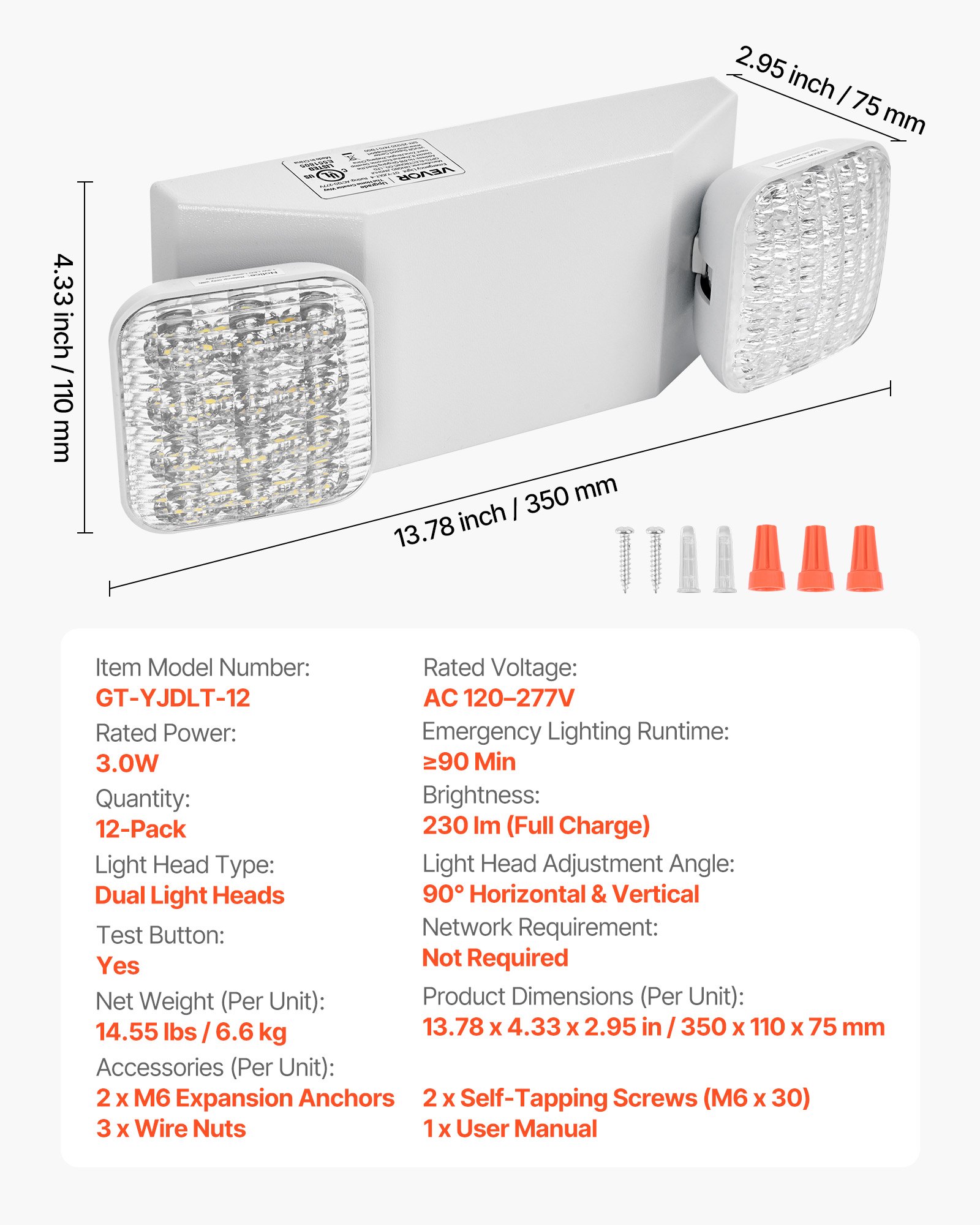 VEVOR 12 Pack Emergency Lights for Business, with Battery Backup, Commercial LED Emergency Exit Lighting Fixtures, AC 120/277V, with Two Square Head Adjustable, 90-Minute Backup, for Business, White