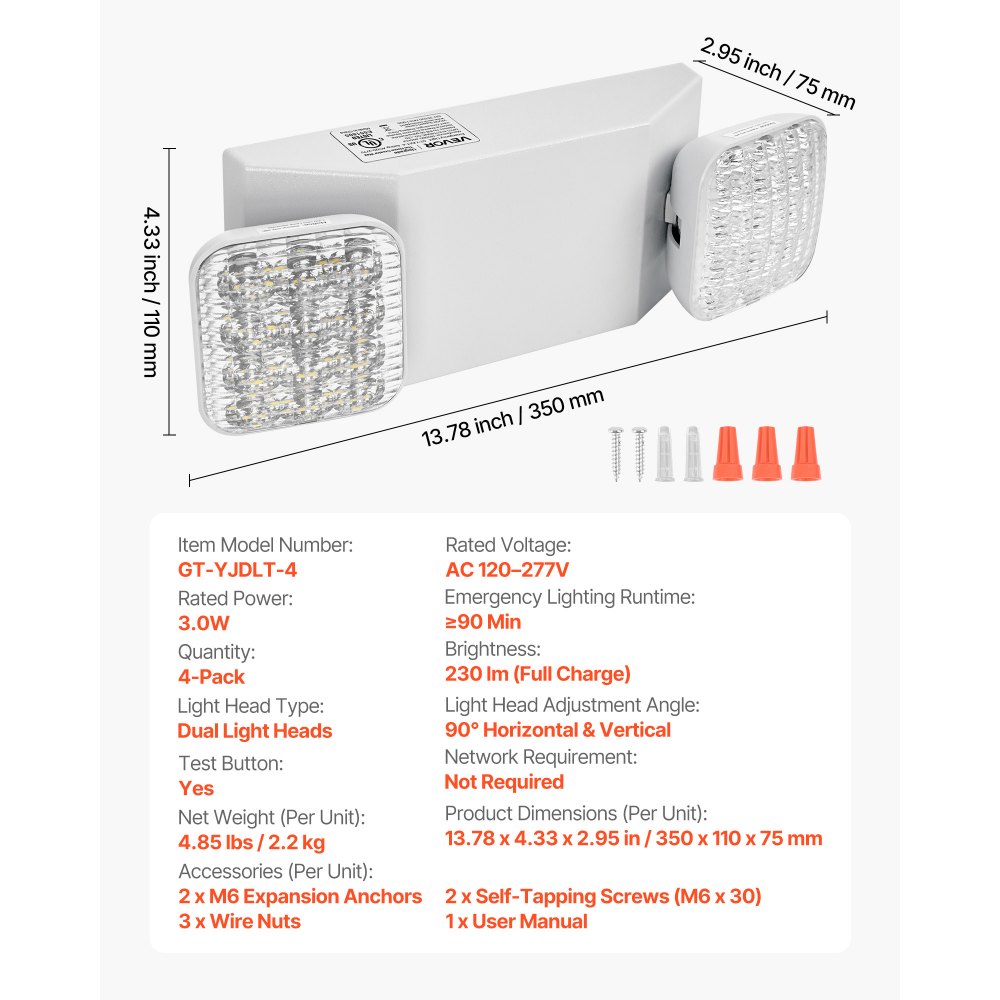 VEVOR 4 Pack Emergency Lights for Business, with Battery Backup, Commercial LED Emergency Exit Lighting Fixtures, AC 120/277V, with Two Square Head Adjustable, 90-Minute Backup, for Business, White