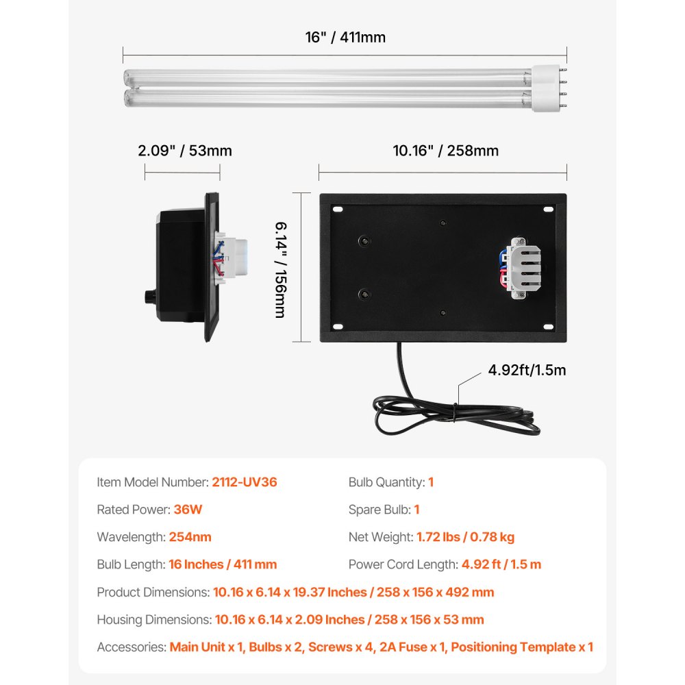 VEVOR HVAC Air Purifier Whole House, 36W 16inch, UV UVC Light in Duct for Ac (Air Conditioning) Duct, Air Scrubber with 1 Replacement Bulb, HVAC UV lights for Ac Systems