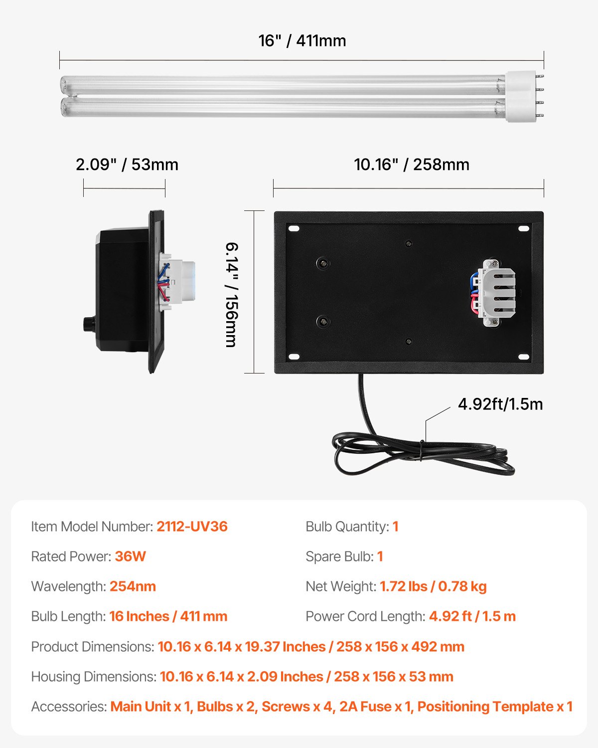 VEVOR HVAC Air Purifier Whole House, 36W 16inch, UV UVC Light in Duct for Ac (Air Conditioning) Duct, Air Scrubber with 1 Replacement Bulb, HVAC UV lights for Ac Systems