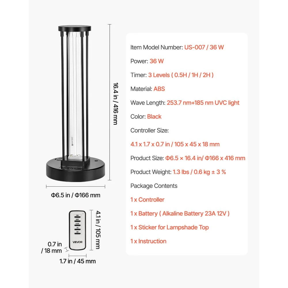 VEVOR UV Light, 36W Ultraviolet Lamp with Ozone Purifier, UVC Lamp with 30/60/120 Minutes 3-Gear Timer and Remote Control, for Room up to 37 m², UVO Lights for Living Room, Bedroom, Hotel, School