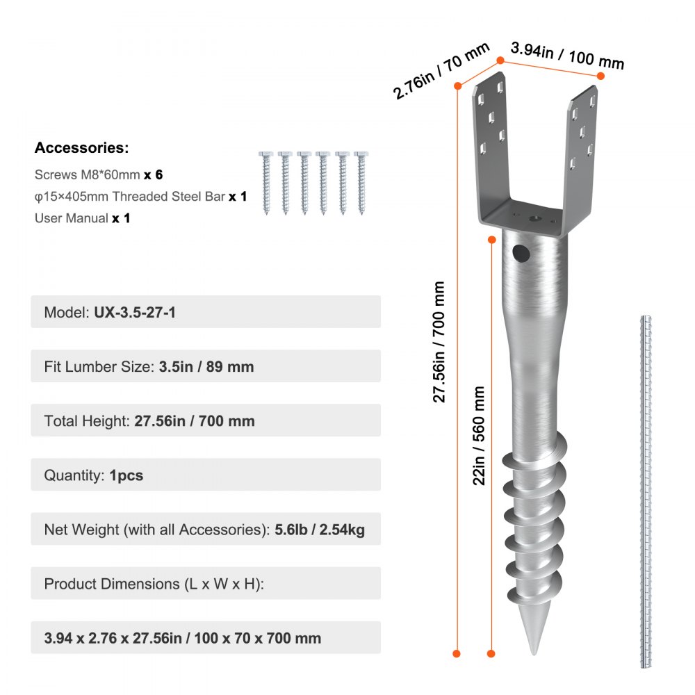 VEVOR No Dig Ground Anchor, 1 Pack 3.94 x 2.76 x 27.56 in DIY Screw in Post Stake, Includes 6 Lag Bolts & a Rebar, U-Shape Heavy Duty Steel Post Holder, Great for Mailbox Posts and Fence Posts