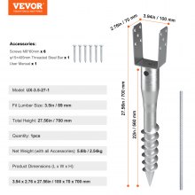 VEVOR No Dig Ground Anchor, 1 Pack 3.94 x 2.76 x 27.56 in DIY Screw in Post Stake, Includes 6 Lag Bolts & a Rebar, U-Shape Heavy Duty Steel Post Holder, Great for Mailbox Posts and Fence Posts