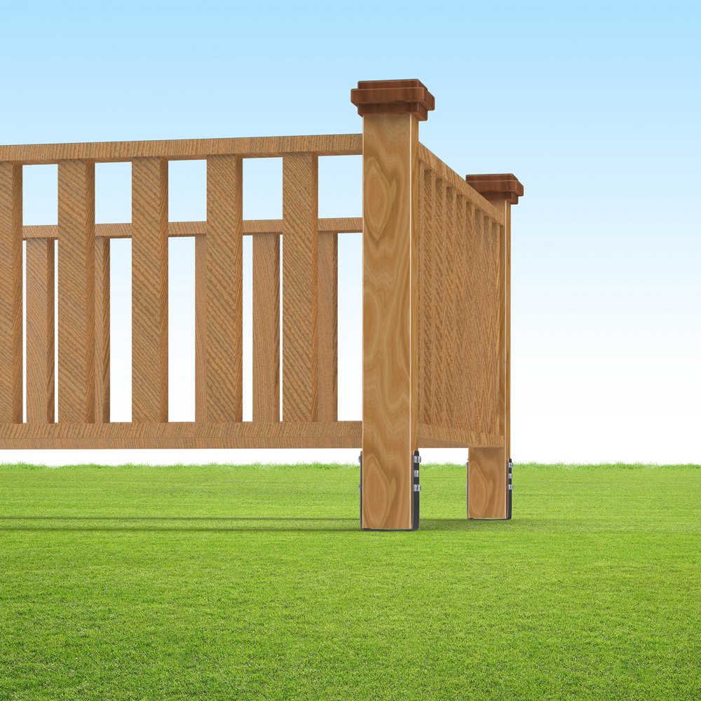 wooden fence secured with VEVOR no dig ground anchor on green grass and blue sky background.