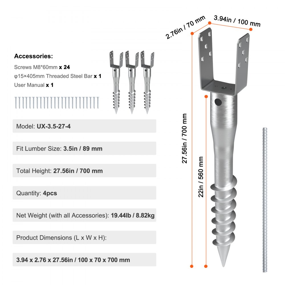 VEVOR no dig ground anchor model ux-3.5-27-4, 3.5in fit size, total height 27.56in, includes screws and steel bar.