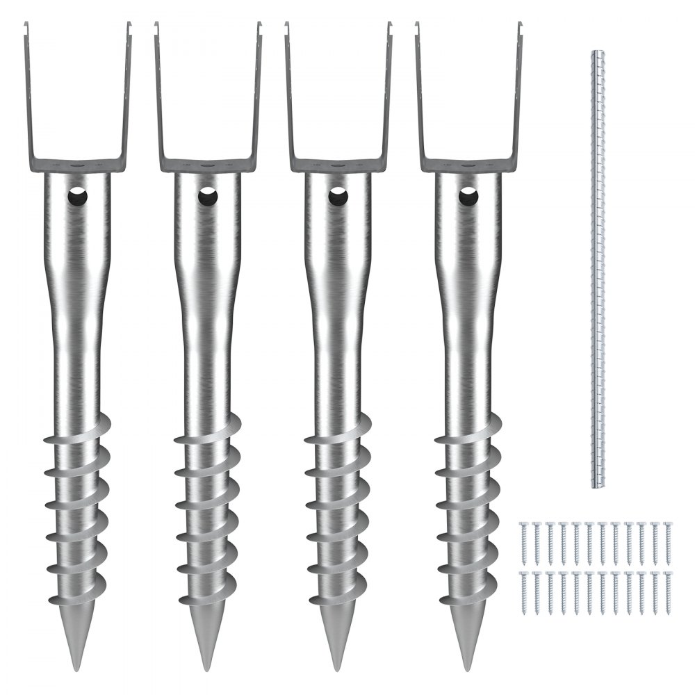 VEVOR no dig ground anchor set with four steel anchors, one rod, and screws.