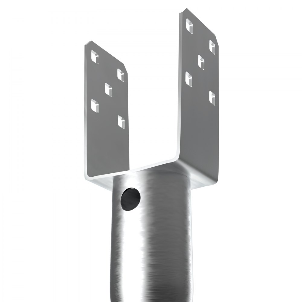 steel VEVOR no dig ground anchor with bolt holes, silver finish, close-up view.