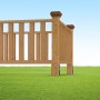 wooden fence secured with VEVOR no dig ground anchor on green grass and blue sky background.