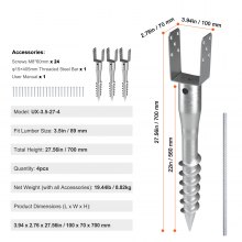 VEVOR No Dig Ground Anchor, 4 Pack 3.94 x 2.76 x 27.56 in DIY Screw in Post Stake, Includes 6 Lag Bolts & a Rebar, U-Shape Heavy Duty Steel Post Holder, Great for Mailbox Posts and Fence Posts