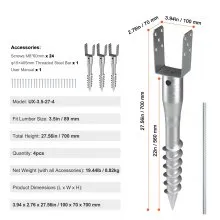 VEVOR No Dig Ground Anchor 4 Pack 3.94 x 2.76 x 27.56 in DIY Screw in Post Stake
