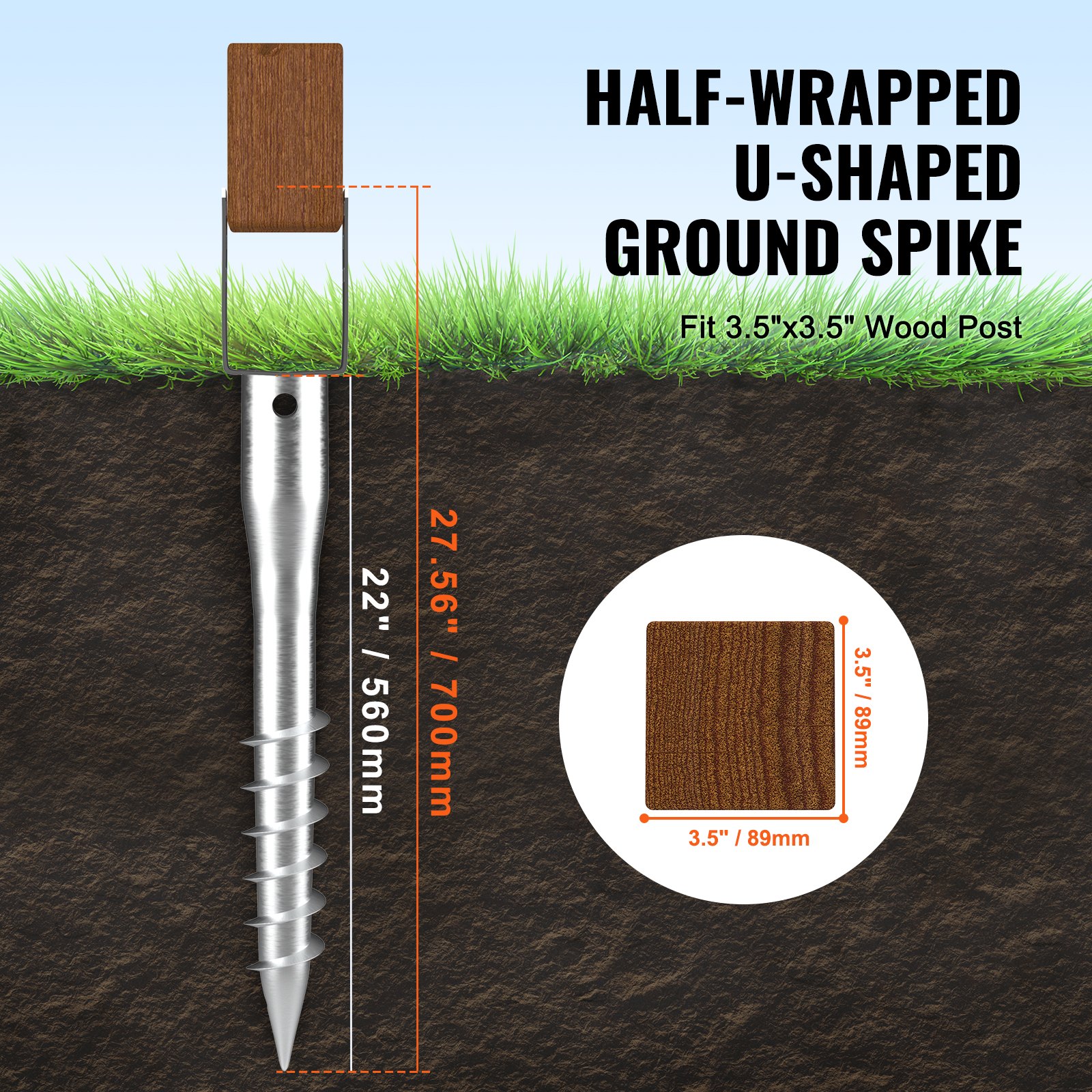 VEVOR no dig ground anchor with half-wrapped u-shaped ground spike fits 3.5&quot;x3.5&quot; wood post.